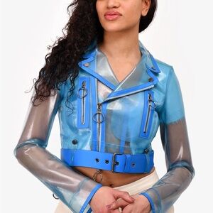 Blue Transparent PVC Women's Bomber Jacket Raincoat